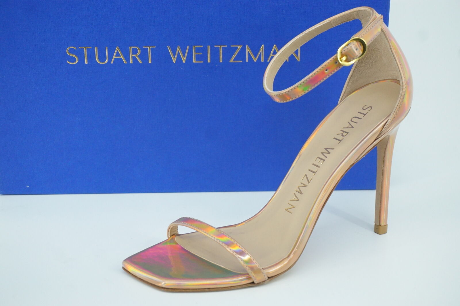 Stuart Weitzman Nudistcurve 100 Hologram Ankle Strappy Sandals Size 7 $475 Pink
